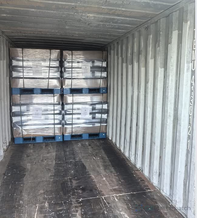 Palletized masterbatch goods arranged inside container